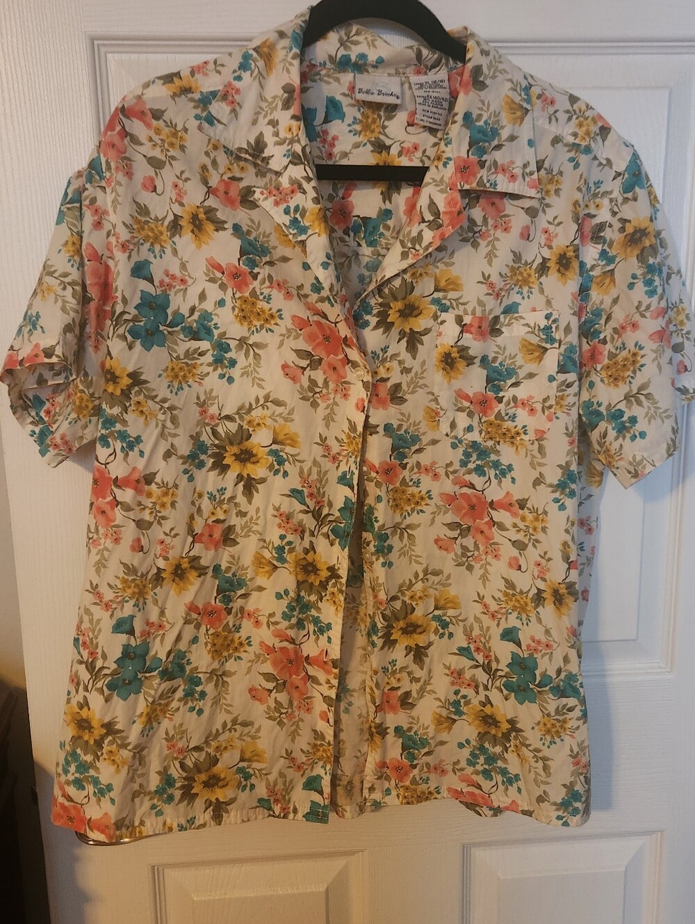 Bobbie Brooks Cream Floral Button-Up Shirt with Teal, Coral & Yellow Blooms